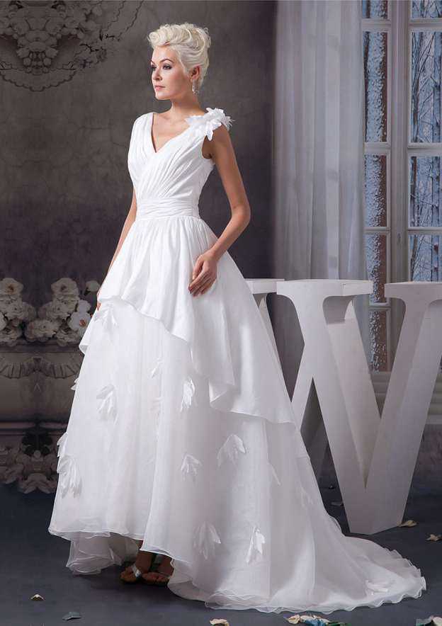 Graceful Asymmetrical A-Line/Princess Chiffon Wedding Dress with V-Neckline and Delicate Appliques