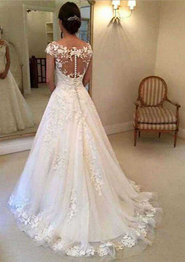 Charming Appliqued A-Line Tulle Wedding Dress with Sleeveless Scoop Neck and Cathedral Train