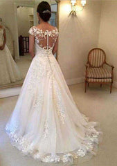 Charming Appliqued A-Line Tulle Wedding Dress with Sleeveless Scoop Neck and Cathedral Train