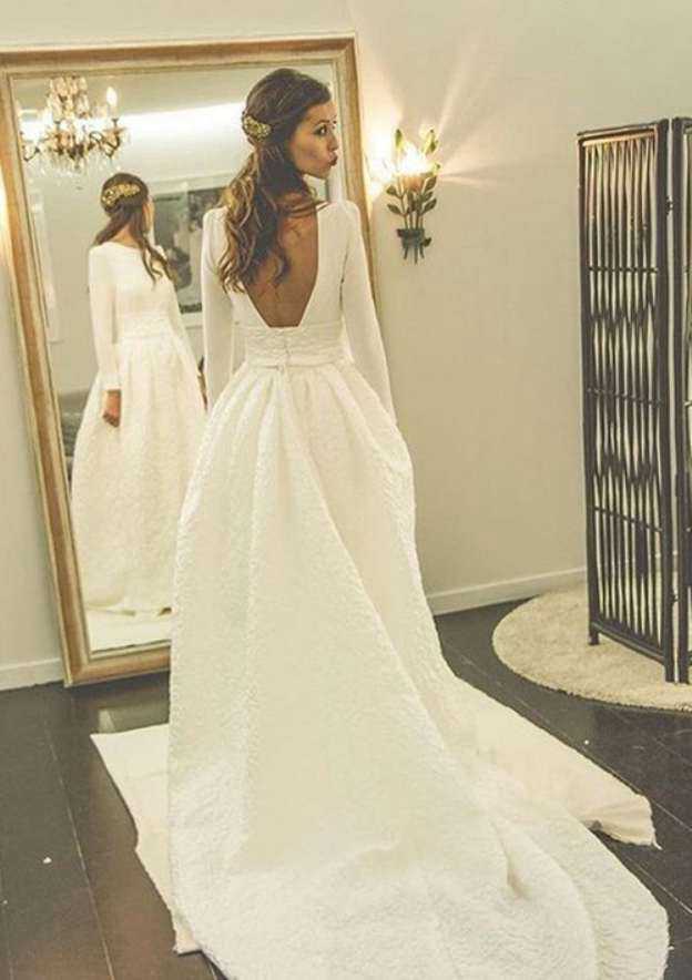 Appliqued Bateau Full/Long Sleeve Lace A-Line/Princess Wedding Dress with Court Train and Zipper Closure