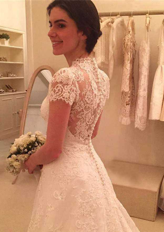 Delicate Short Sleeve Sweetheart A-Line/Princess Lace Chapel Train Wedding Dress with Covered Button and Beaded Applique