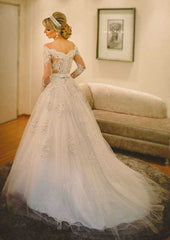 Glamorous Tulle Long/Floor-Length A-Line/Princess Full-Length Off-the-Shoulder Wedding Dress with Covered Button and Appliqueds