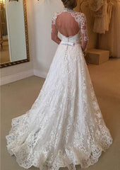 Beautiful Full/Long Sleeve Sweetheart A-Line/Princess Lace Wedding Dress with Covered Button and Applique Waistband