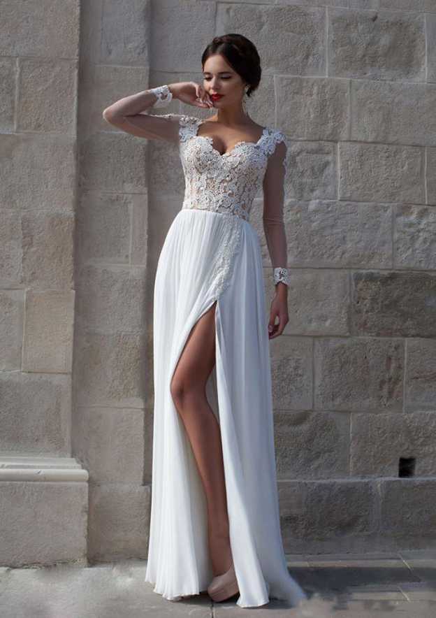 Delicate A-Line/Princess Sweetheart Long/Floor-Length Chiffon Wedding Dress with Appliqued Split Front Design