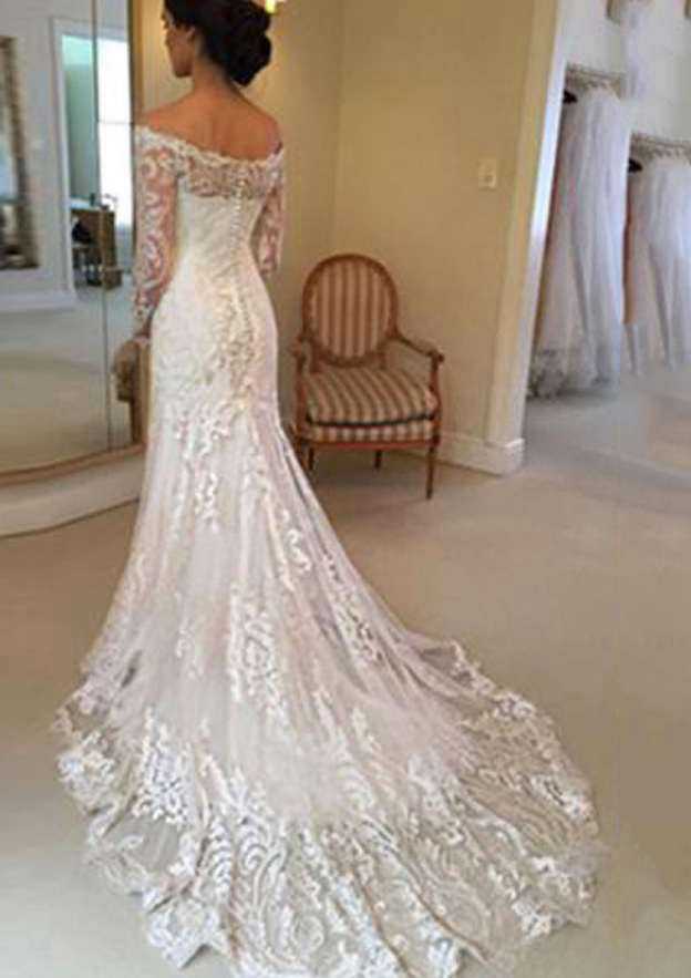 Appliqued Lace Sheath/Column Wedding Dress with Off-The-Shoulder Full/Long Sleeves and Court Train