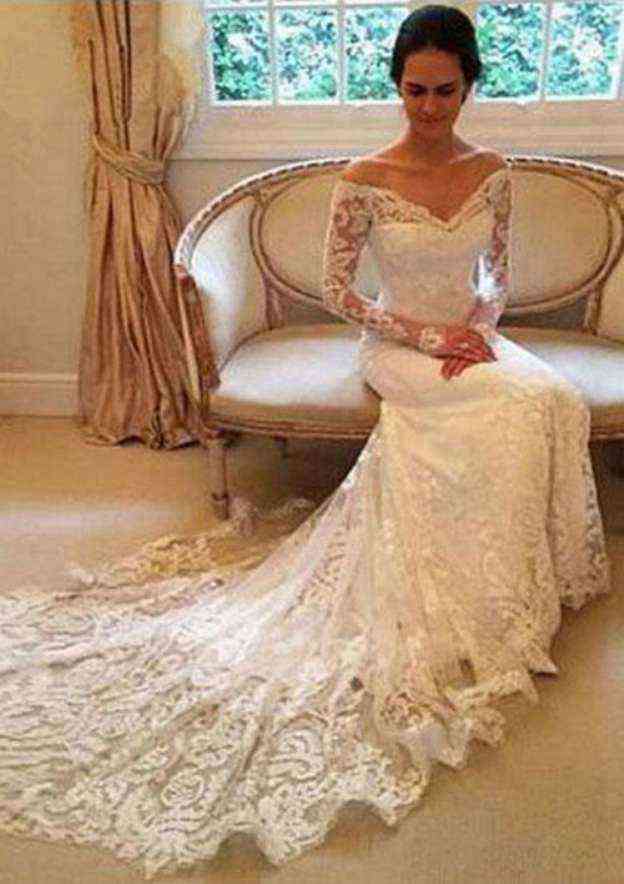 Appliqued Lace Sheath/Column Wedding Dress with Off-The-Shoulder Full/Long Sleeves and Court Train