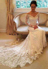 Appliqued Lace Sheath/Column Wedding Dress with Off-The-Shoulder Full/Long Sleeves and Court Train