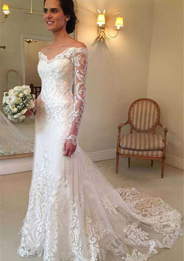 Appliqued Lace Sheath/Column Wedding Dress with Off-The-Shoulder Full/Long Sleeves and Court Train