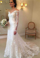 Appliqued Lace Sheath/Column Wedding Dress with Off-The-Shoulder Full/Long Sleeves and Court Train