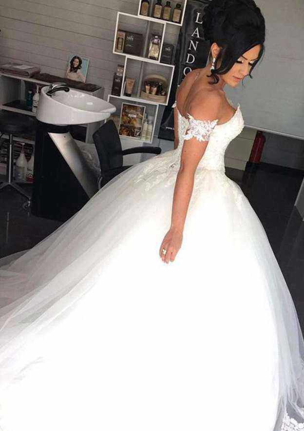 Off-The-Shoulder Appliqued Lace A-Line Wedding Dress with Chapel Train