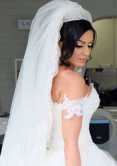 Off-The-Shoulder Appliqued Lace A-Line Wedding Dress with Chapel Train