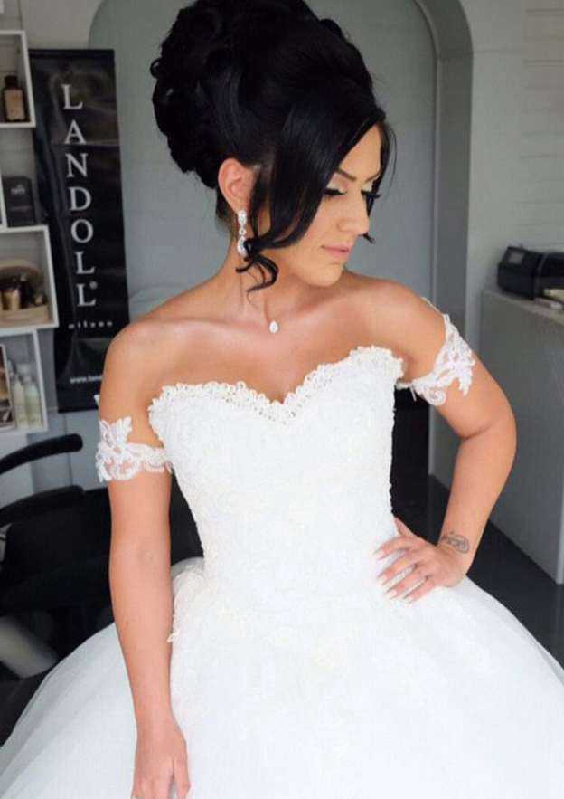 Off-The-Shoulder Appliqued Lace A-Line Wedding Dress with Chapel Train