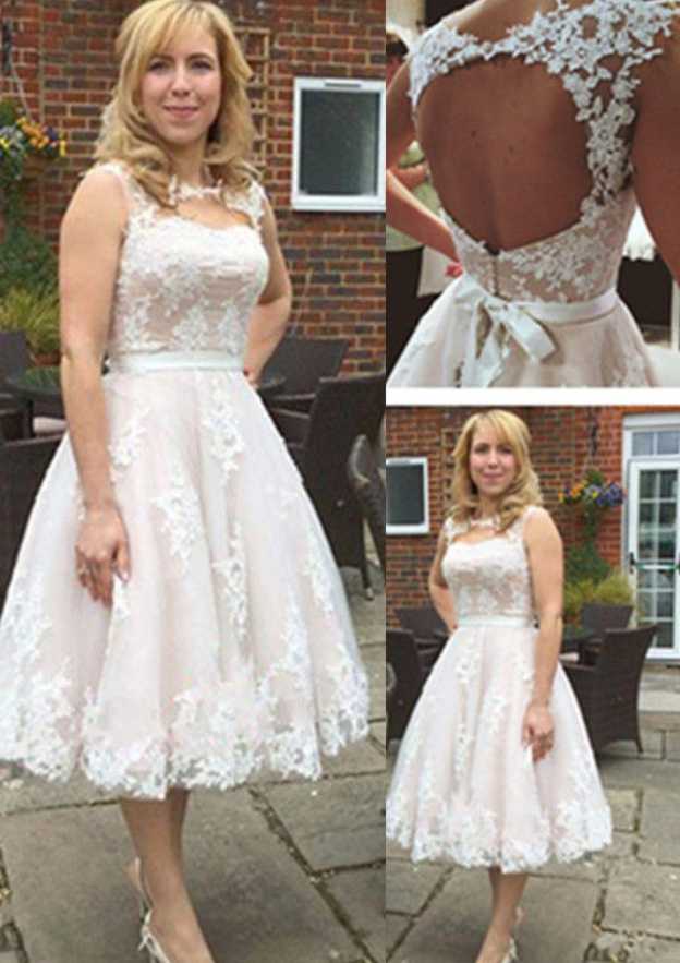 Charming Tea-Length Lace Wedding Dress with Bateau Neckline and Lovely Sashes in A-Line/Princess Fit