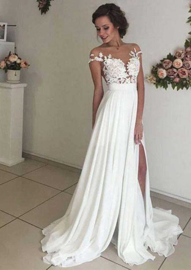 Romantic Chiffon Sweep Train A-Line/Princess Sleeveless Sweetheart Wedding Dress with Covered Button and Appliqued