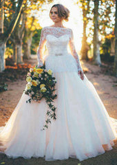 Sophisticated Organza Sweep Train A-Line/Princess Wedding Dress: Full Long Sleeve with Bateau Neck and Beaded Appliqued