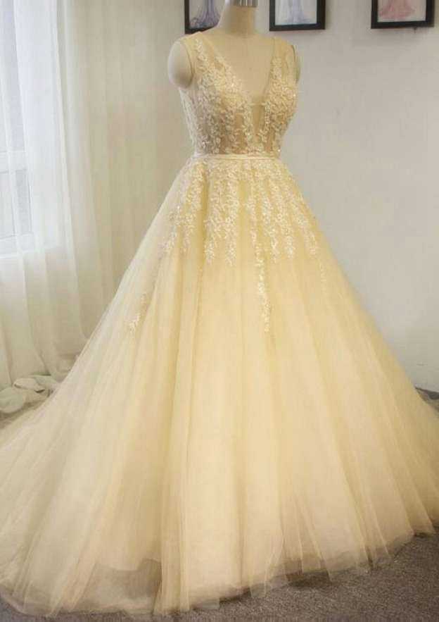 Appliqued V-Neck Tulle A-Line Wedding Dress with Chapel Train