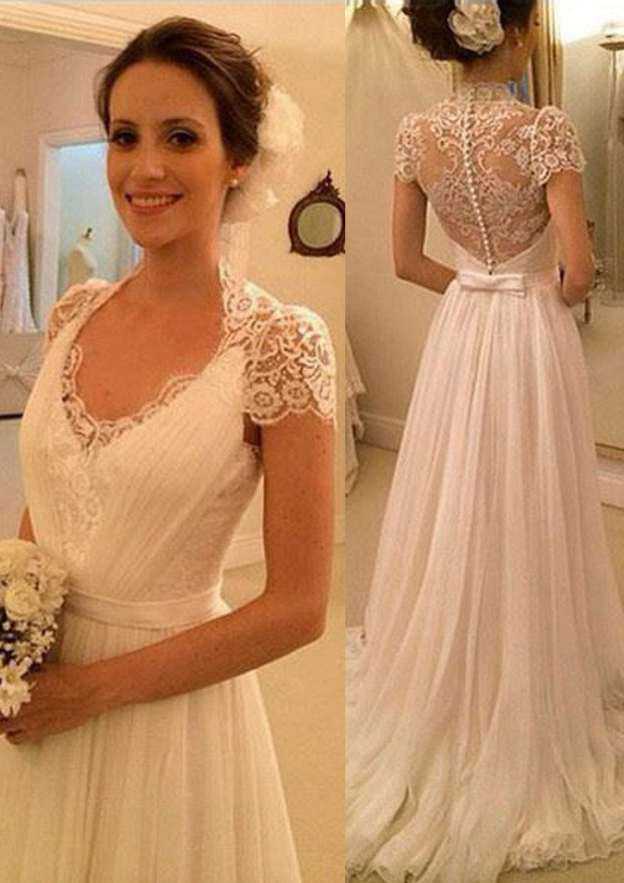 Stylish Chiffon Long Floor-Length A-Line/Princess Short Sleeve Wedding Dress with Scalloped Neck and Covered Button, Featuring Appliqued