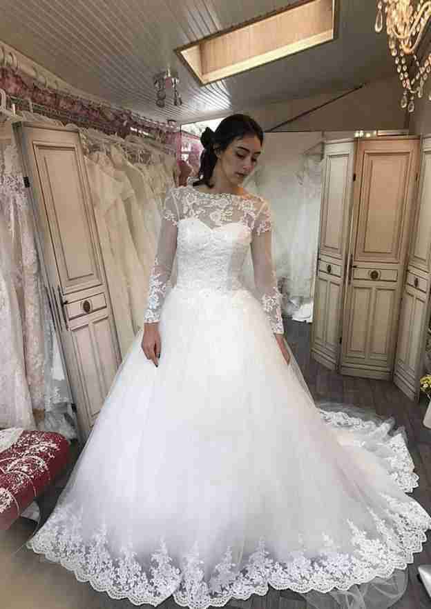 Lace Ball Gown Wedding Dress with Cathedral Train and Tulle Fabric BM bride