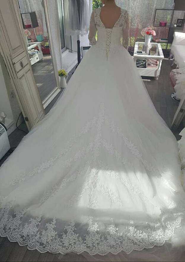 Lace Ball Gown Wedding Dress with Cathedral Train and Tulle Fabric BM bride