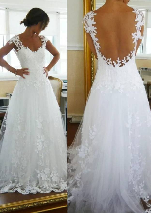 Charming A-Line/Princess V-Neck Sleeveless Tulle Wedding Dress: Sweep Train with Appliqued Details