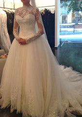 Luxurious Ball Gown Scalloped Neck Wedding Dress with Full Sleeves, Court Train, and Appliqued Lace