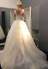 Luxurious Ball Gown Scalloped Neck Wedding Dress with Full Sleeves, Court Train, and Appliqued Lace