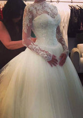 Luxurious Ball Gown Scalloped Neck Wedding Dress with Full Sleeves, Court Train, and Appliqued Lace