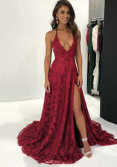 Elegant A-Line Halter Sleeveless Court Train Lace Evening Dress With Split