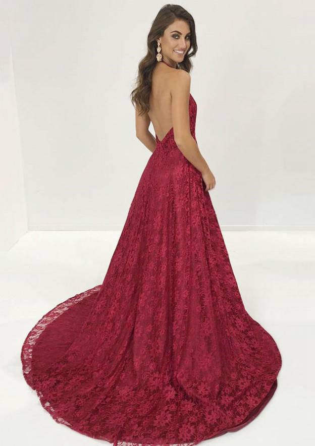 Elegant A-Line Halter Sleeveless Court Train Lace Evening Dress With Split