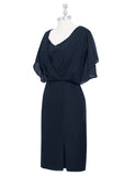 A-line V Neck Knee-Length Chiffon Mother of the Bride Dress with Split Beading, Short Sleeve BM bride