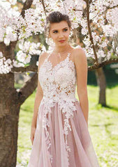 Appliqued A-Line Prom Dress with Bateau Neckline and Long Tulle Skirt