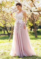 Appliqued A-Line Prom Dress with Bateau Neckline and Long Tulle Skirt