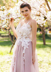 Appliqued A-Line Prom Dress with Bateau Neckline and Long Tulle Skirt