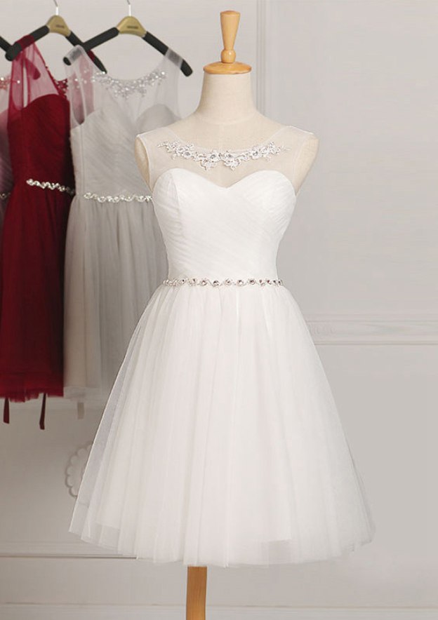 Graceful A-Line Sleeveless Scoop Neck Knee-Length Tulle Bridesmaid Dress With Beading BM bride