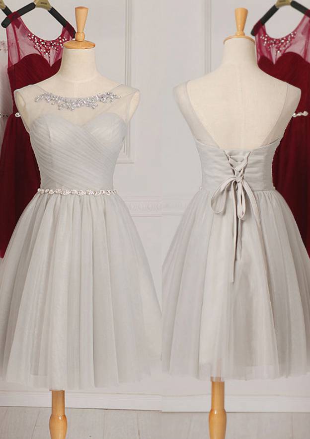 Graceful A-Line Sleeveless Scoop Neck Knee-Length Tulle Bridesmaid Dress With Beading BM bride