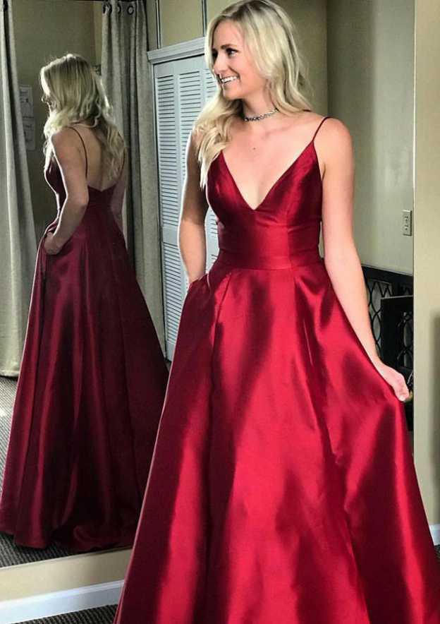 Sophisticated A-Line V-Neck Sleeveless Sweep Train Satin Prom Dress BM bride