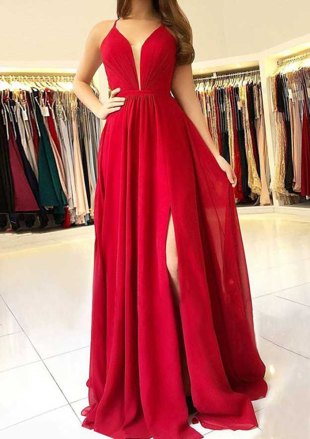 Floor-Length Chiffon Prom Dress, A-Line/Princess Cut, Scalloped Neck, Sleeveless, With Split BM bride