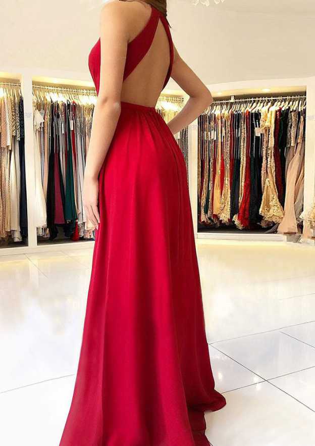 Floor-Length Chiffon Prom Dress, A-Line/Princess Cut, Scalloped Neck, Sleeveless, With Split BM bride