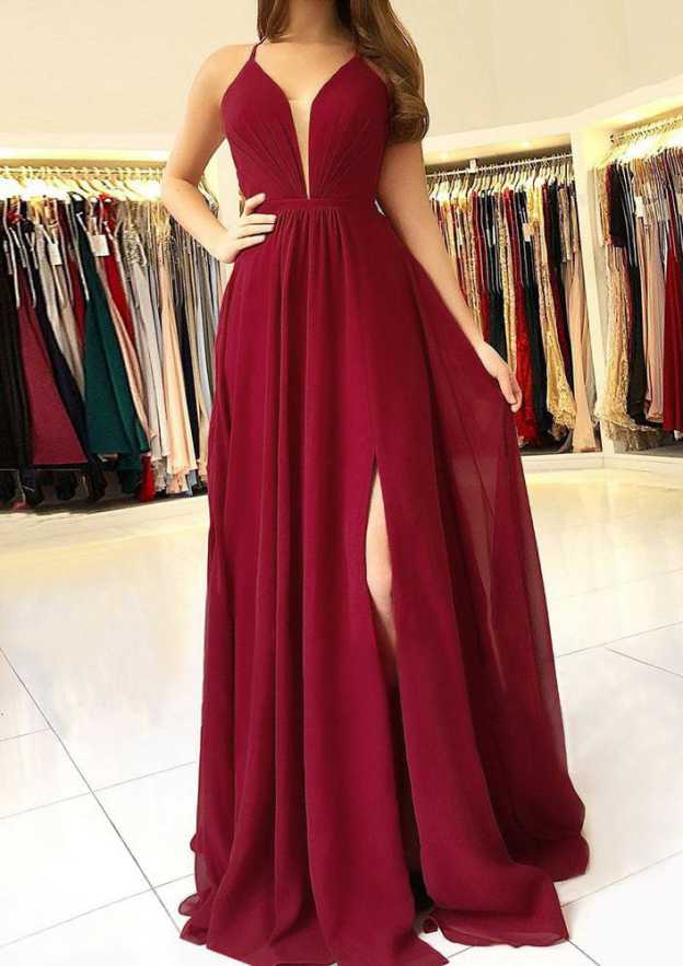 Floor-Length Chiffon Prom Dress, A-Line/Princess Cut, Scalloped Neck, Sleeveless, With Split BM bride