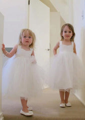 Elegant Tulle Square Neckline Tea-Length A-line Flower Girl Dress with Bandage