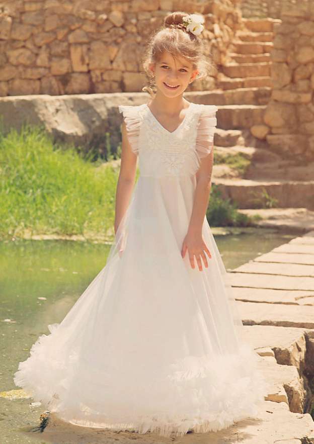 Stylish Tulle V-Neck Floor-Length A-line Flower Girl Dress with Appliqu¨¦