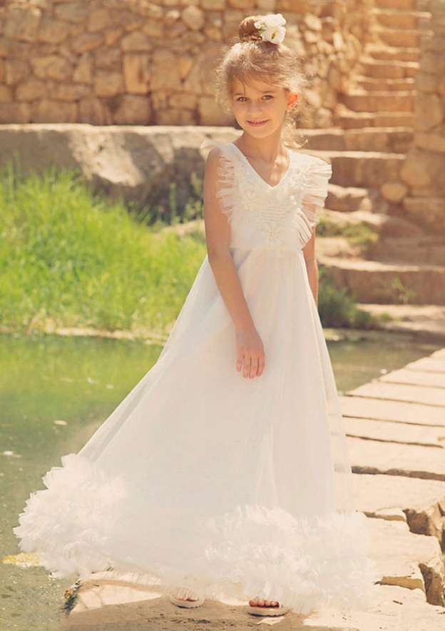 Stylish Tulle V-Neck Floor-Length A-line Flower Girl Dress with Appliqu¨¦