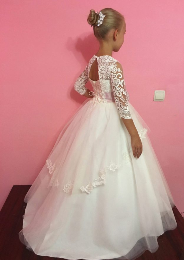 Stylish Tulle Bateau Neck Floor-Length A-line Flower Girl Dress with Bandage