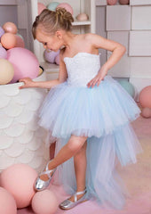 Stunning Tulle Strapless Asymmetrical A-line Flower Girl Dress with Lace