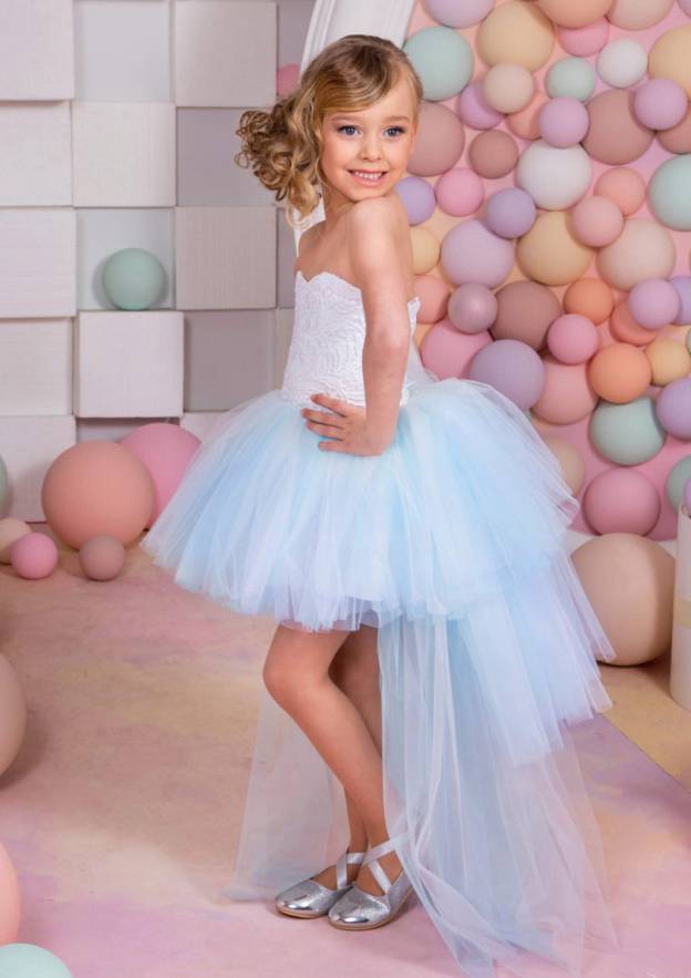 Stunning Tulle Strapless Asymmetrical A-line Flower Girl Dress with Lace