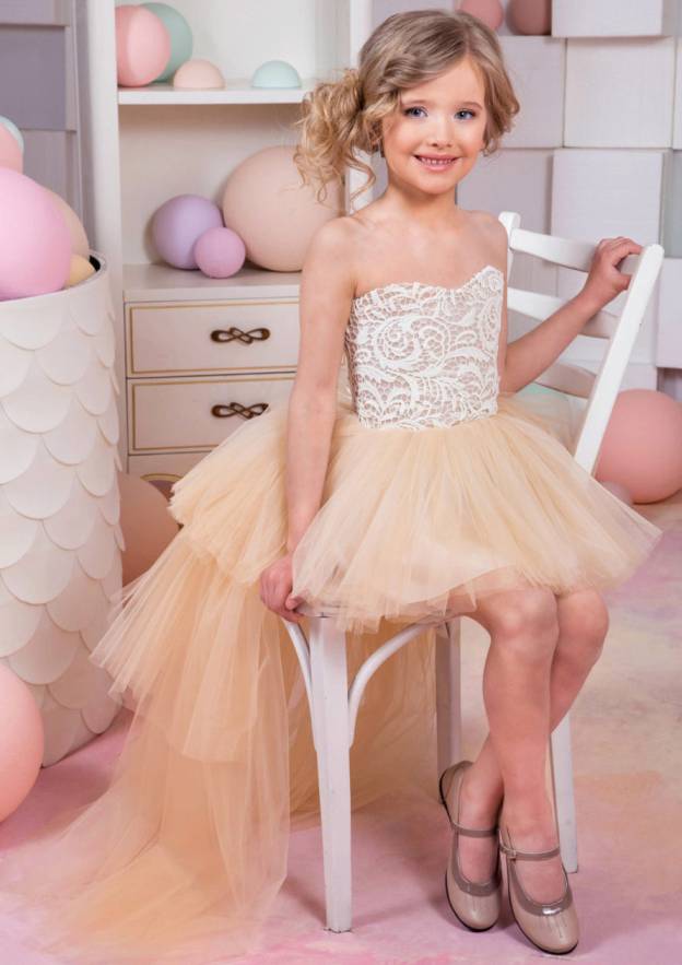 Stunning Tulle Strapless Asymmetrical A-line Flower Girl Dress with Lace