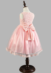 Delicate Organza Bateau Neck Tea-Length A-line Flower Girl Dress with Lace