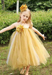 Graceful Tulle Halter Neck Tea-Length A-line Flower Girl Dress with Flower Accent