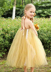 Graceful Tulle Halter Neck Tea-Length A-line Flower Girl Dress with Flower Accent