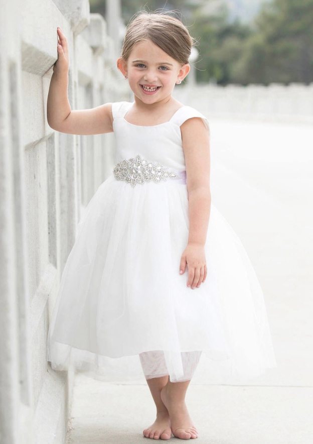 Graceful Tulle Square Neckline Tea-Length A-line Flower Girl Dress with Waistband